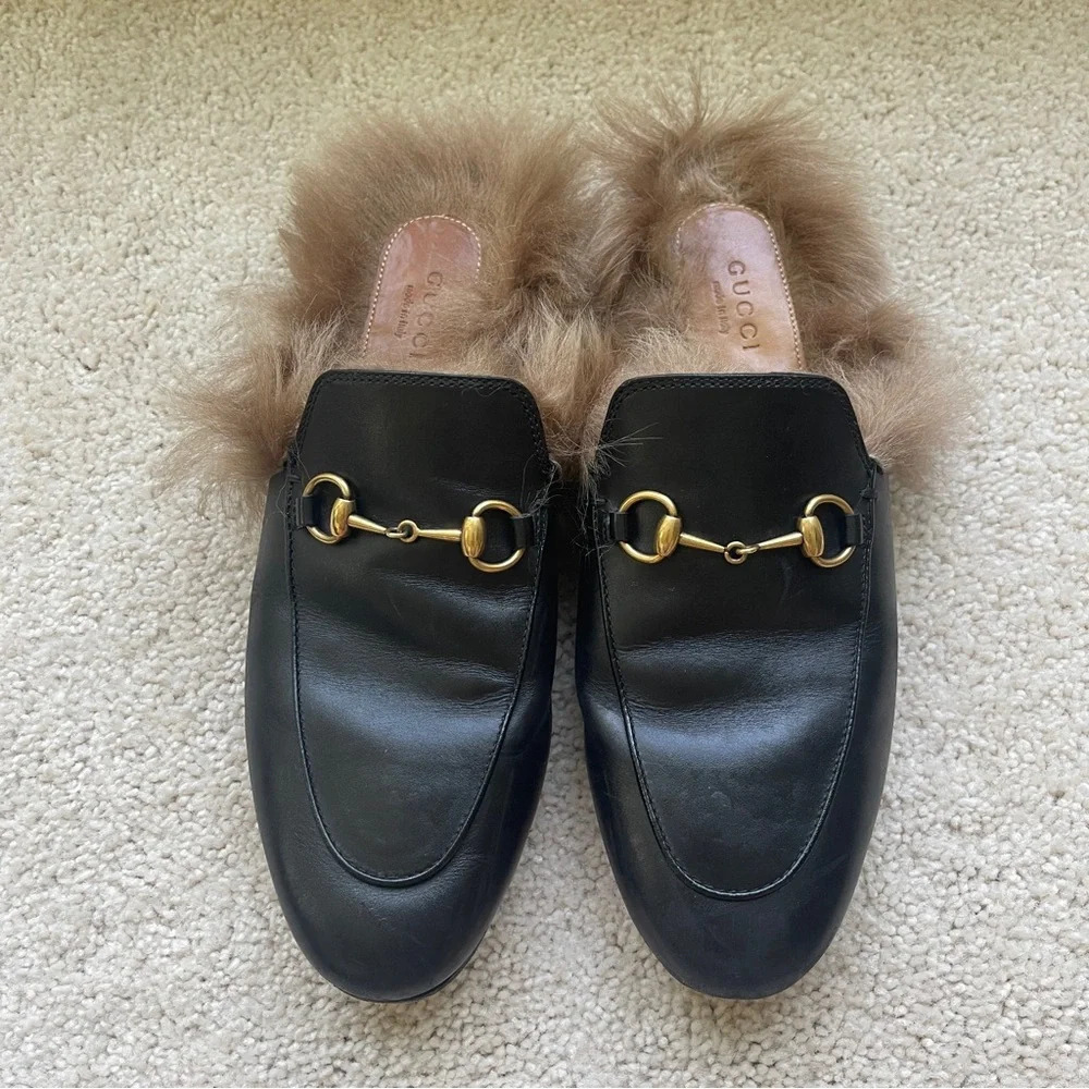 Gucci Princeton Black Fur Mules Slip On‎ Shoes horse bit loafer slides